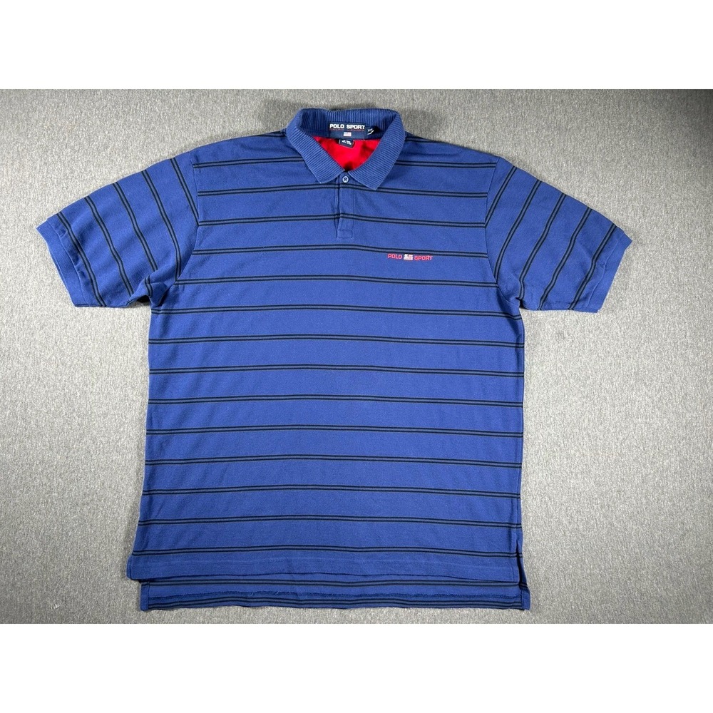 Vintage Polo Sport RalphLauren XXL Blue BlackStriped Mens Polo Shirt